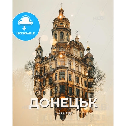 Donetsk Urban Dreamscape: A City in Motion - A building with a tower - Square format print template