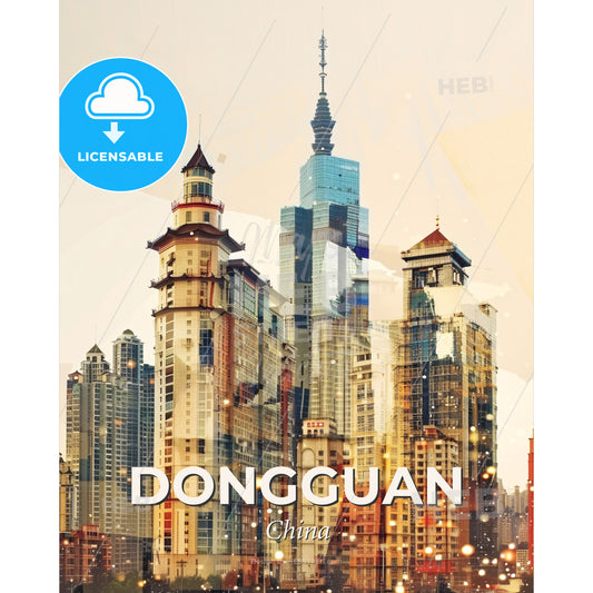 Dongguan Skyscapes: City Icons on Beige - A city skyline with many tall buildings - Square format print template