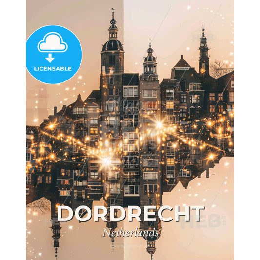 Dordrecht Skyline Double Exposure Cityscape - A building with many windows and a tower - Square format print template