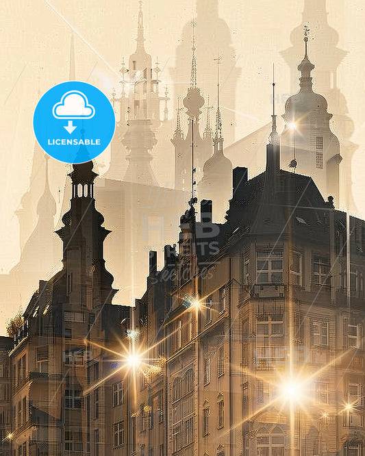 Dortmunds Skyline Iconic Beige Paper Art Poster - A building with many spires