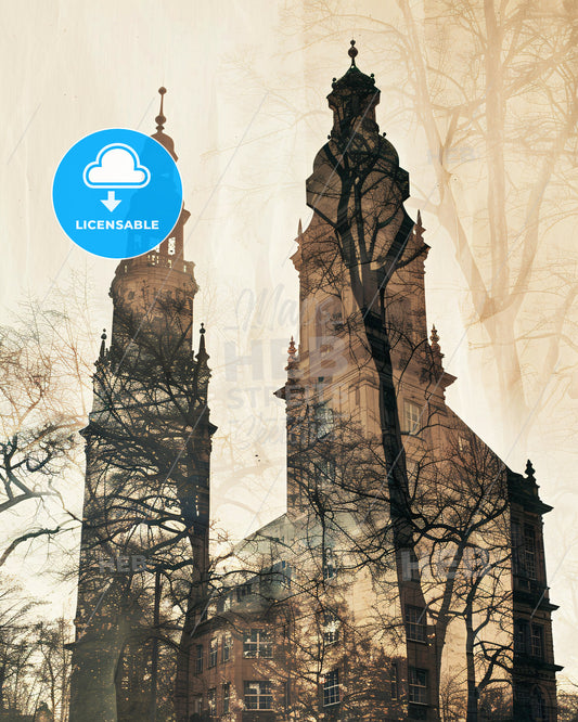 Dortmund Cityscape Skyline Beige Poster - A building with a tower