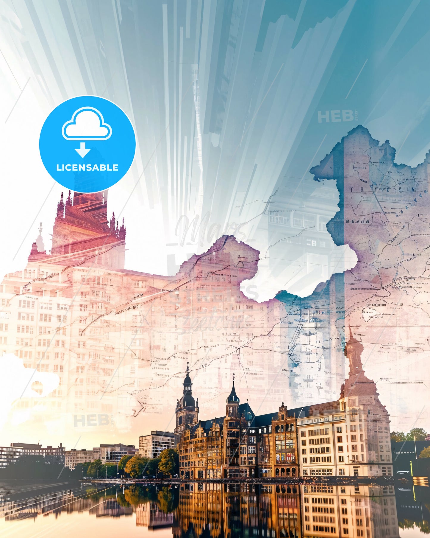 Dortmund Skyline Double Exposure Poster Art - A city with buildings and map