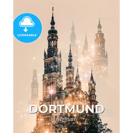 Dortmund City Skyline Double Exposure Poster Art - A castle with many towers - Square format print template