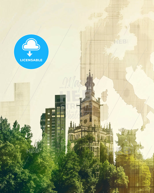 Dortmund Germany Double Exposure Skyline Art Composite - A city with trees and a tower