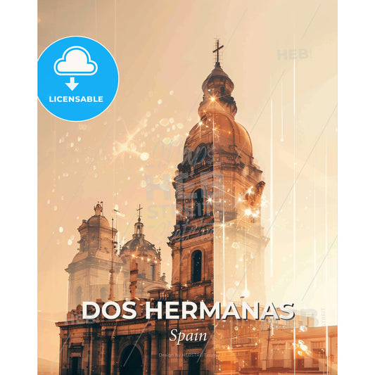 Dos Hermanas Skyline Composite Art Poster - A building with a cross on top - Square format print template