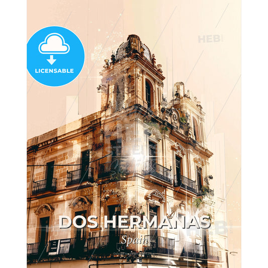 Dos Hermanas: Bright City Collage Poster - A building with a balcony - Square format print template