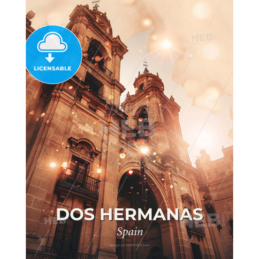 Dos Hermanas City Skyline Double Exposure Poster - A large building with a tower - Square format print template