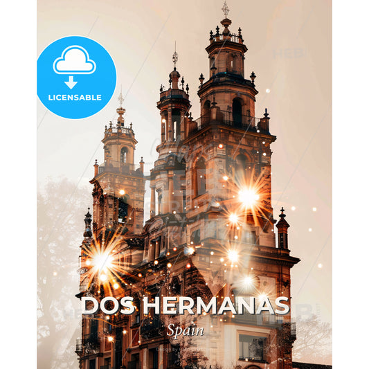 Dos Hermanas Skyline Art: Beige Dream with Sparkles - A building with many towers and lights - Square format print template