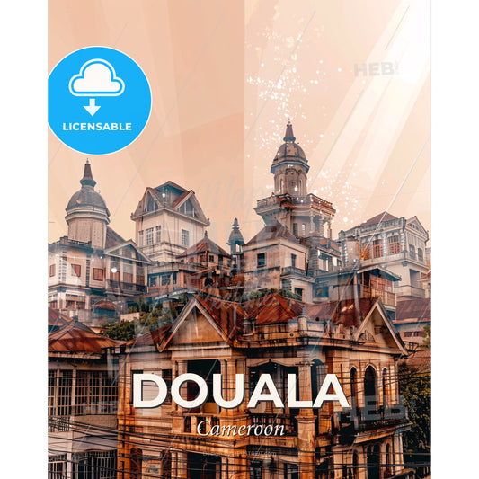 Douala: Vibrant Canvas of Cameroonian Icons - A group of buildings with a large tower - Square format print template