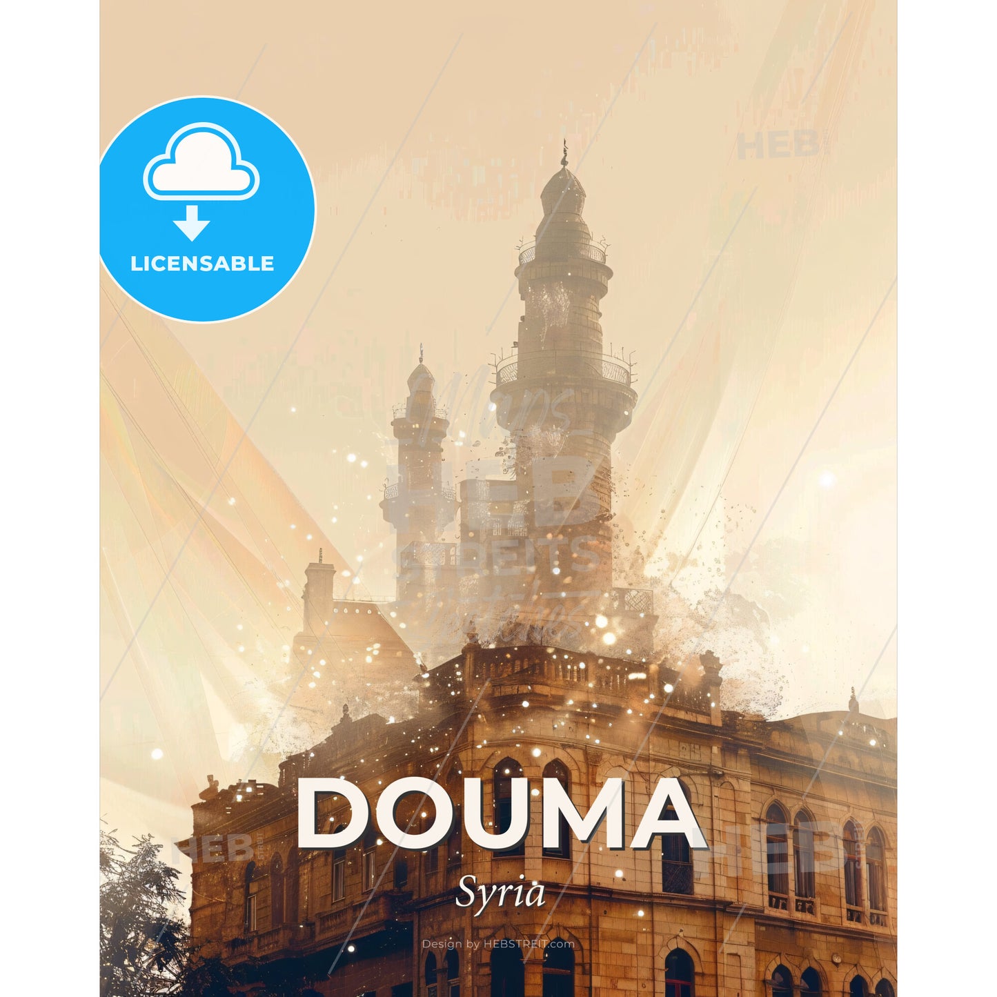 Douma Cityscape Skyline Artwork Bright Pastel - A building with a tower - Square format print template