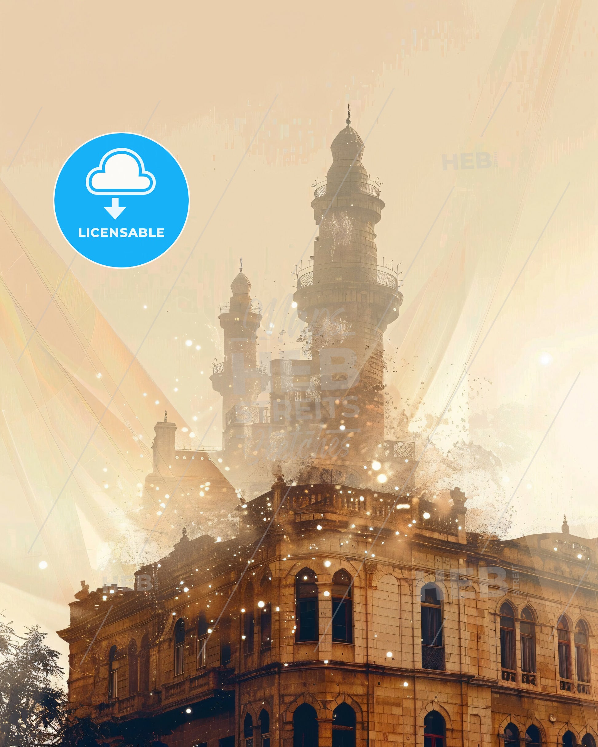 Douma Cityscape Skyline Artwork Bright Pastel - A building with a tower