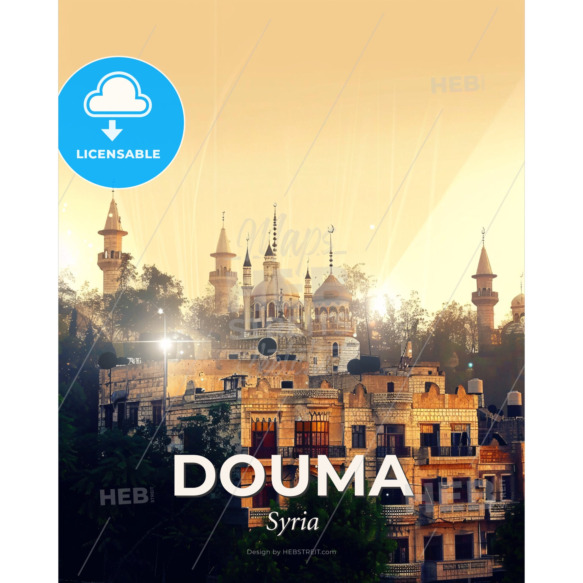 Douma Architectural Icons Double Exposure Skyline - A building with towers and trees - Square format print template