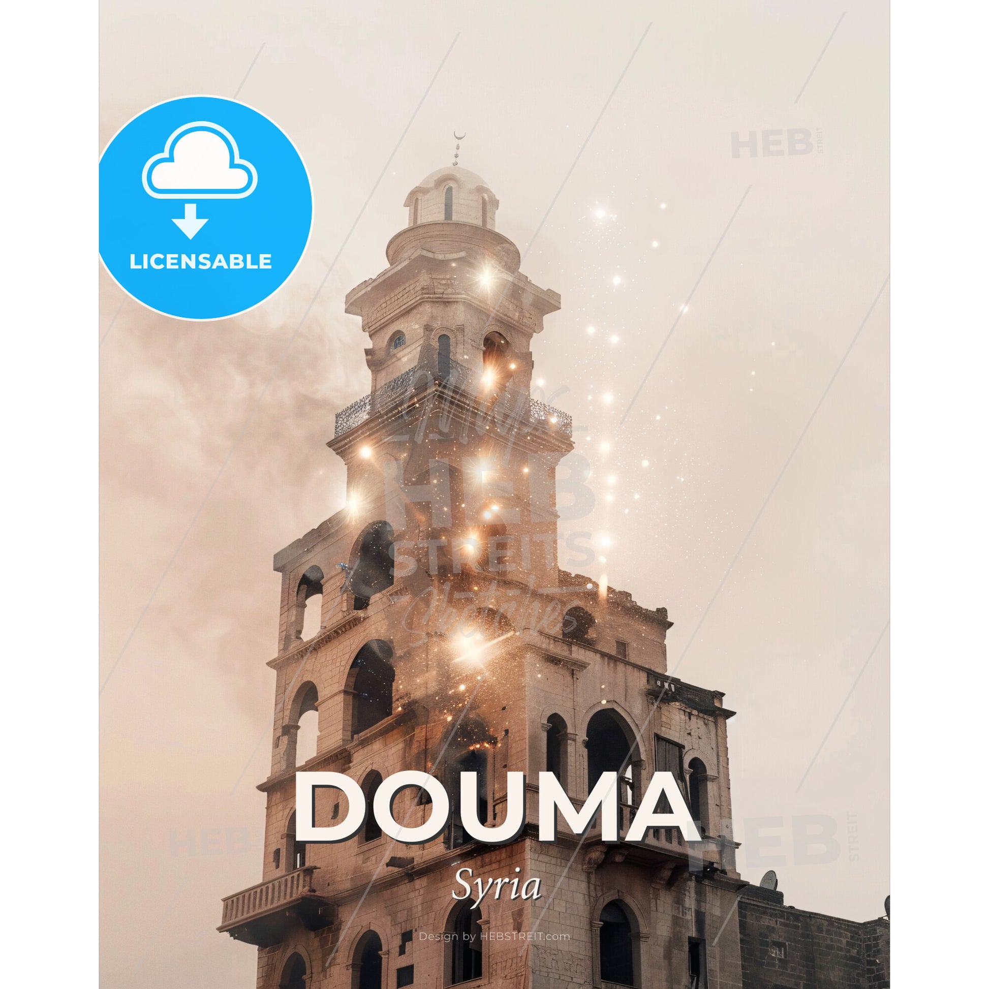 Douma, Syria: Architectural Symphony in Double Exposure - A building with a tower and fireworks - Square format print template