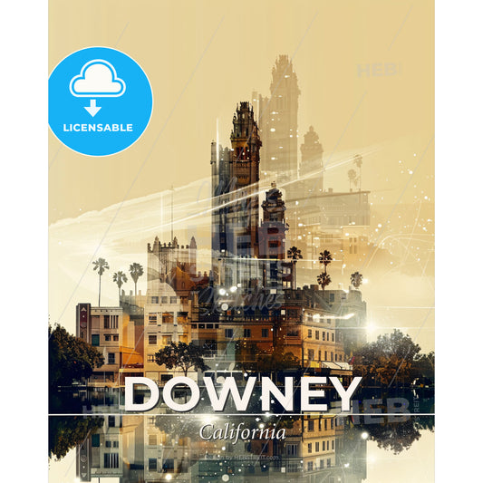Downey City Skyline Composite Art Poster - A city with many buildings and trees - Square format print template