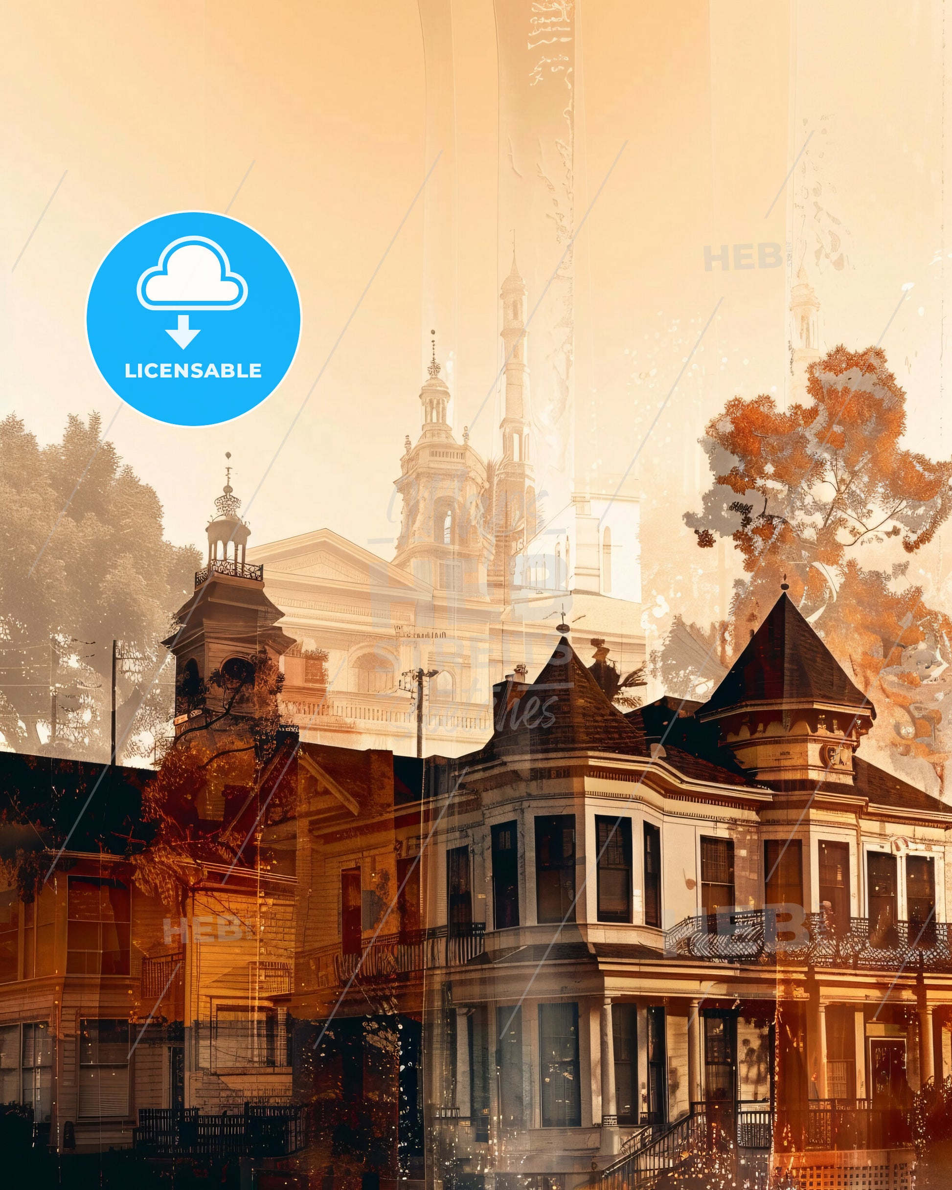 Downey City Skyline Silhouette Composite - A building with a tower and trees