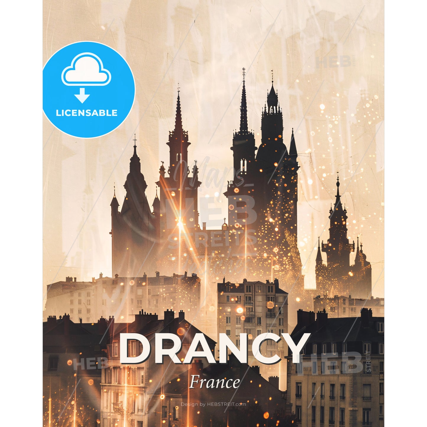 Drancy: Sparkles and Icons Skyline Art - A city with many buildings and a castle - Square format print template
