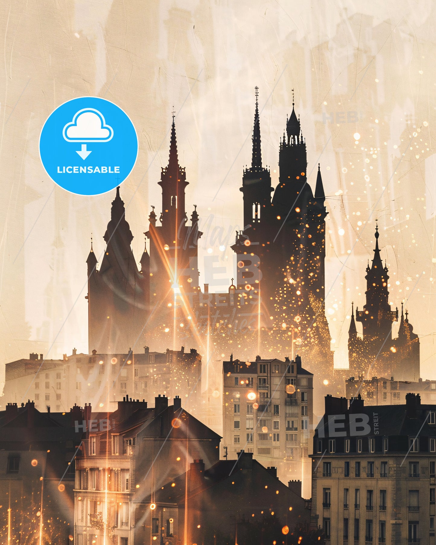 Drancy: Sparkles and Icons Skyline Art - A city with many buildings and a castle