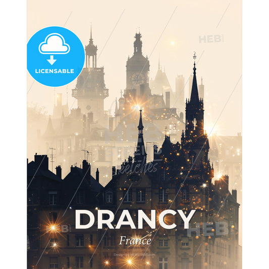 Drancy: Urban Skyline Composite, Bright Beige Poster - A building with a clock tower and many towers - Square format print template
