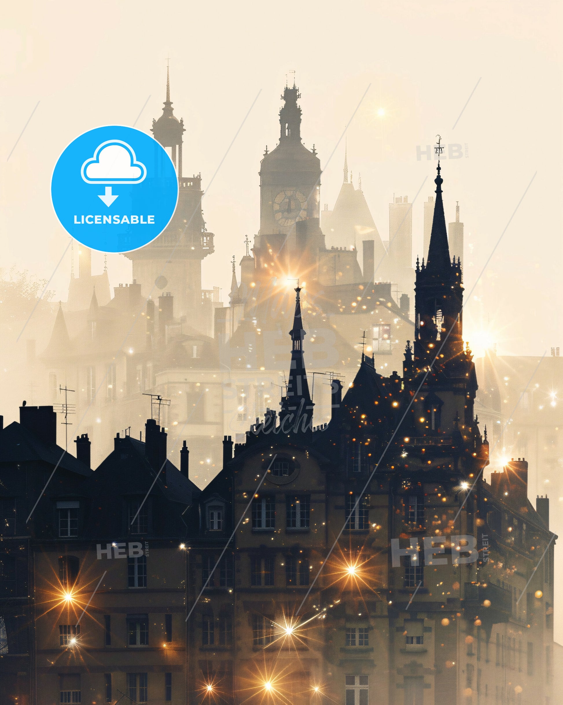 Drancy: Urban Skyline Composite, Bright Beige Poster - A building with a clock tower and many towers