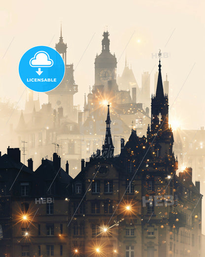 Drancy: Urban Skyline Composite, Bright Beige Poster - A building with a clock tower and many towers