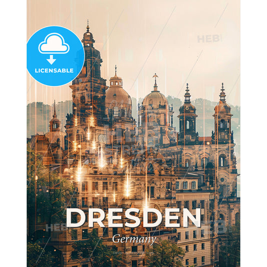 Dresden Skyline Double Exposure Art Poster - A large building with many towers - Square format print template