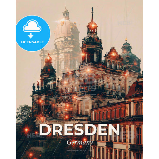 Dresden City Skyline Golden Glow Composite Poster - A building with many lights - Square format print template