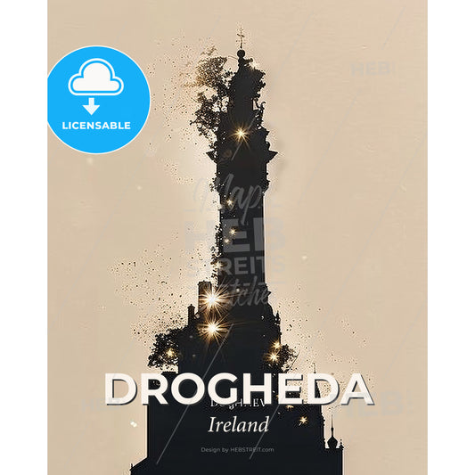 Drogheda City Lights Skyline Silhouette Poster Art - A tall building with a tower and stars - Square format print template