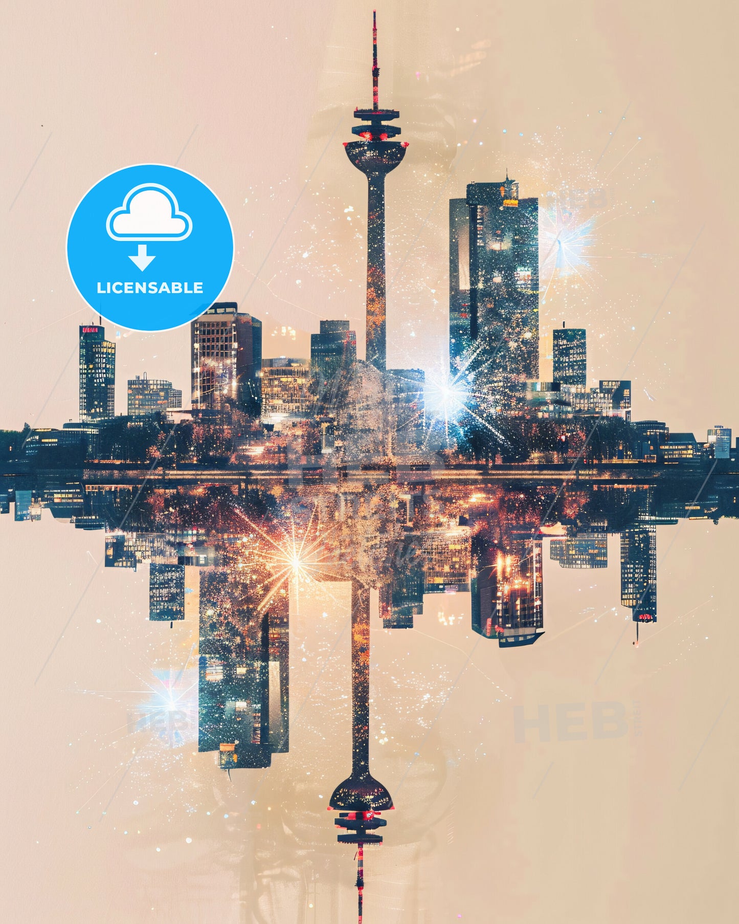 Düsseldorf City View Double Exposure Art Poster - A city skyline with fireworks reflected in water