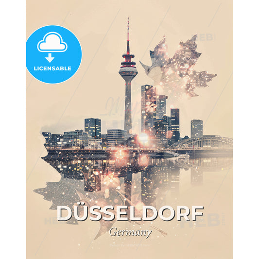 Düsseldorf Cityscape Art: Skyline Icons Double Exposure - A city skyline with a tower and maple leaves - Square format print template