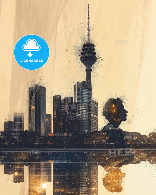 Düsseldorf Skyline Poster: Bright City Lights - A city skyline with a man's head