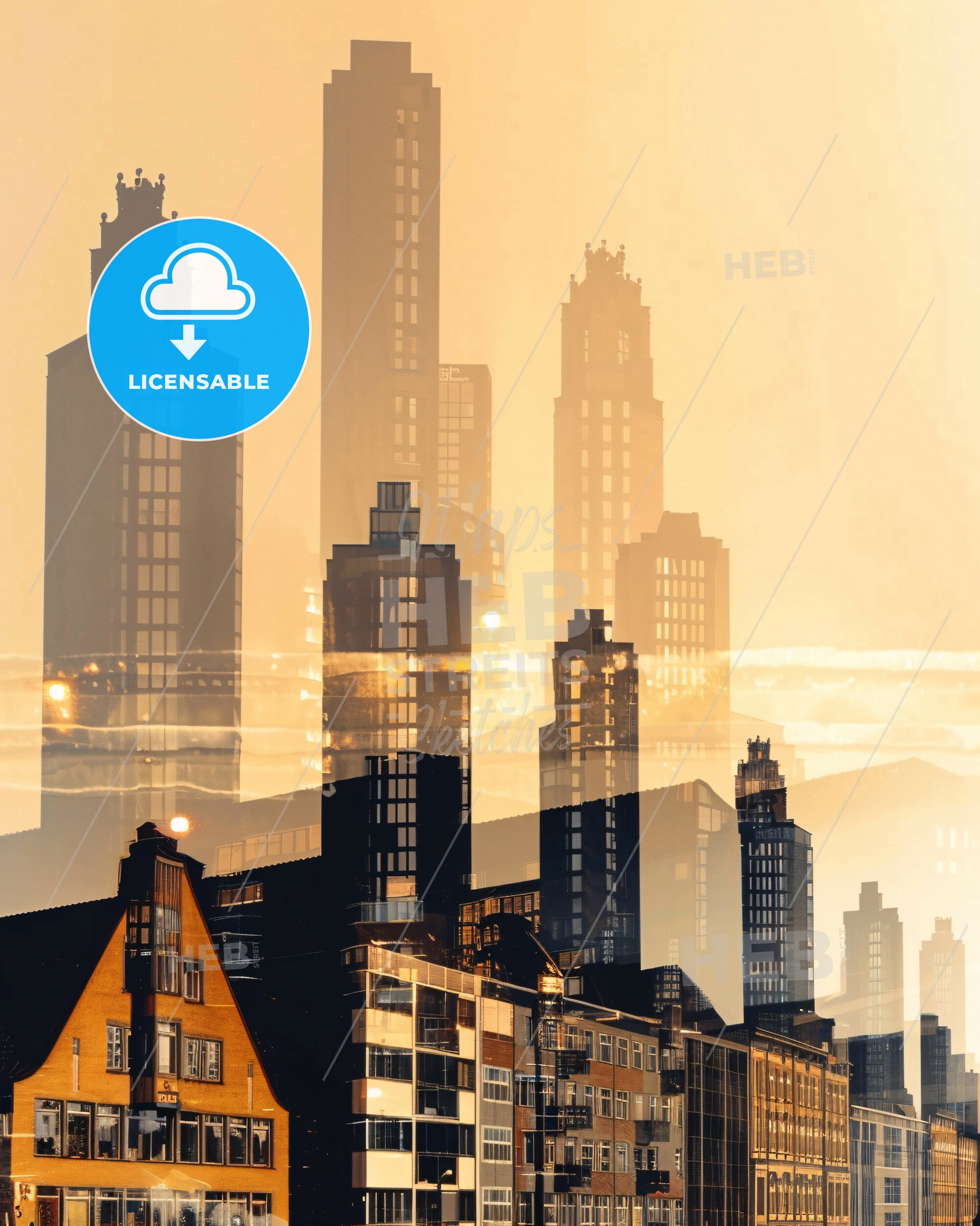 Duisburg Skyline Double Exposure Poster Art - A city skyline with many tall buildings