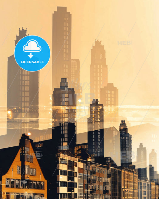 Duisburg Skyline Double Exposure Poster Art - A city skyline with many tall buildings