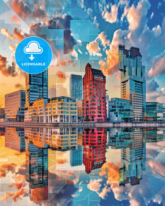 Duisburg, Germany Skyline Art Composite Poster - A city with many tall buildings reflected in water