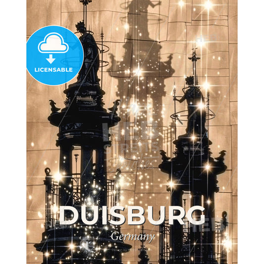 Duisburg City Art Skyline Silhouette Composite Poster - A statue of a woman on a tower - Square format print template