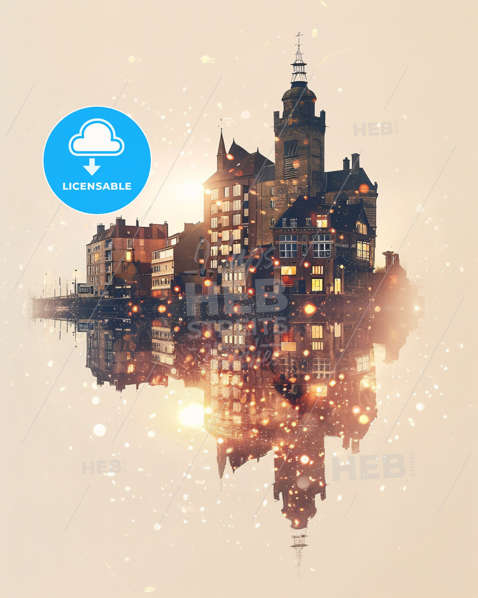 Dunkirk Skyline Double Exposure Art Poster - A city with a tower and a tower on the water