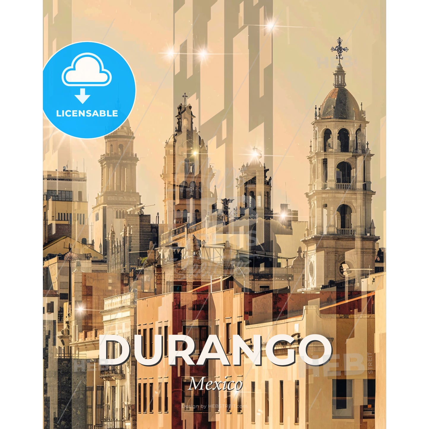 Durango Mexico Skyline Double Exposure Art - A city with many towers - Square format print template