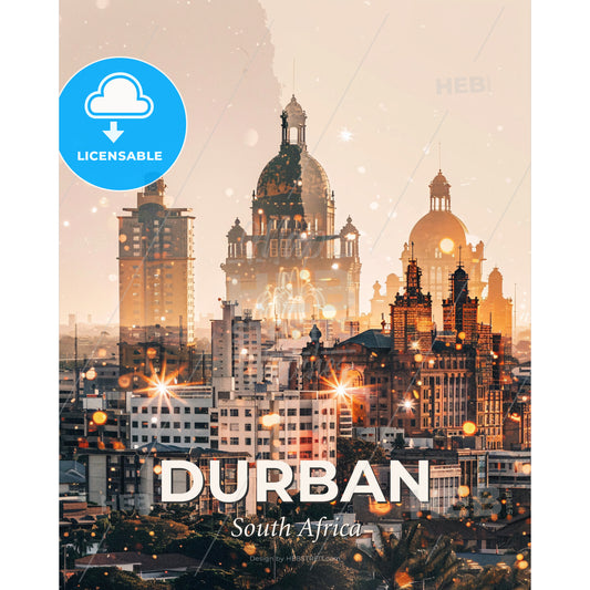 Durban Double Exposure Skyline Art Poster - A city with many buildings - Square format print template