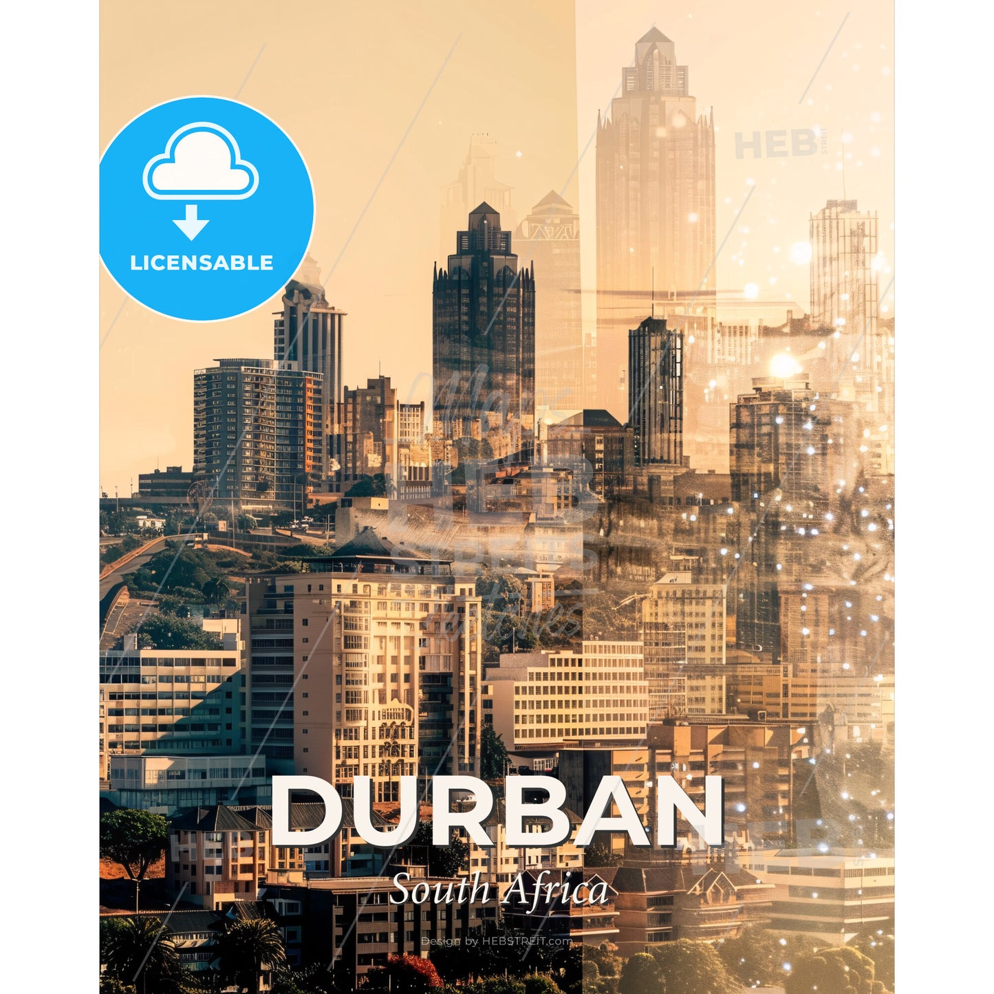 Durban Skyline Double Exposure Cityscape Art - A city with many tall buildings - Square format print template