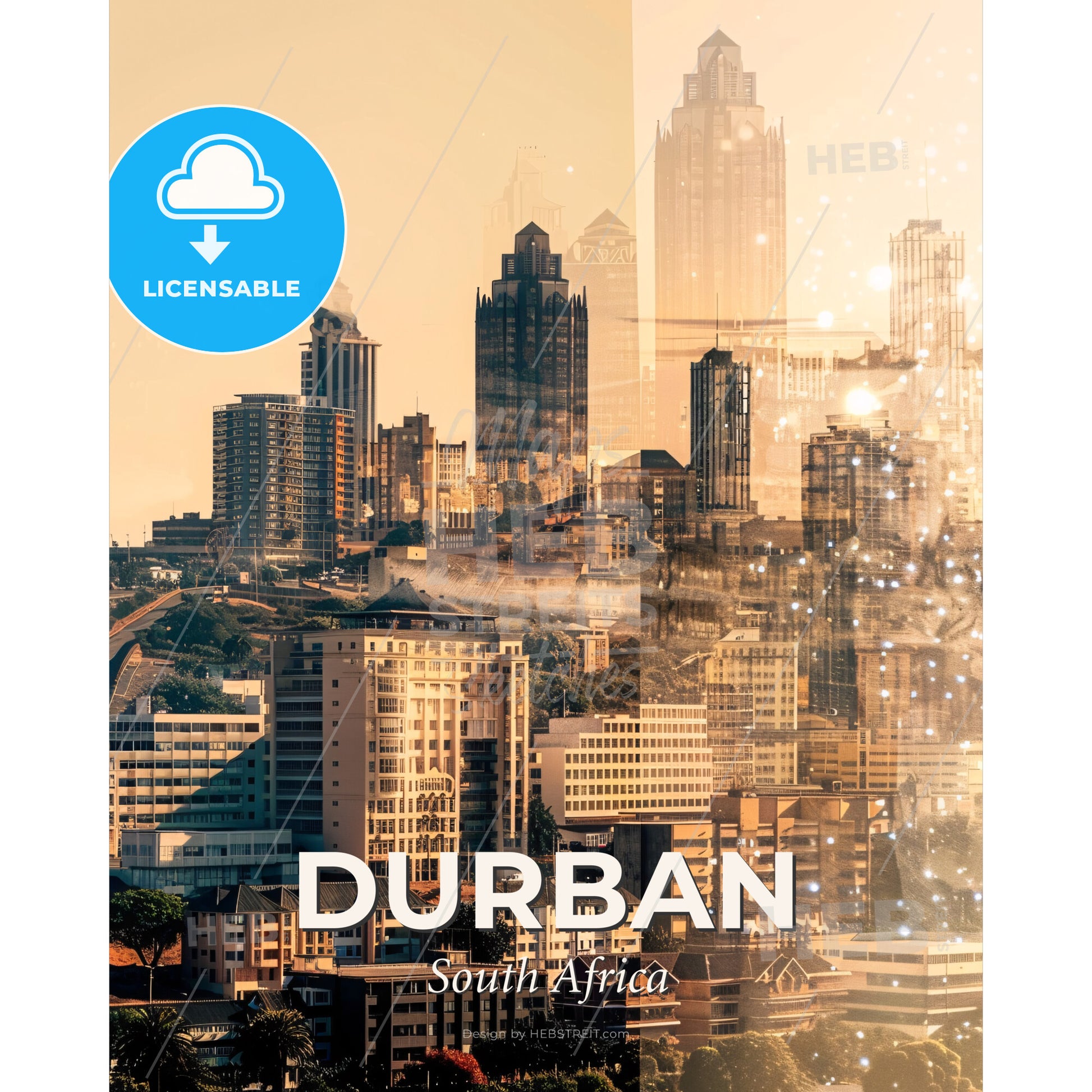 Durban Skyline Double Exposure Cityscape Art - A city with many tall buildings - Square format print template