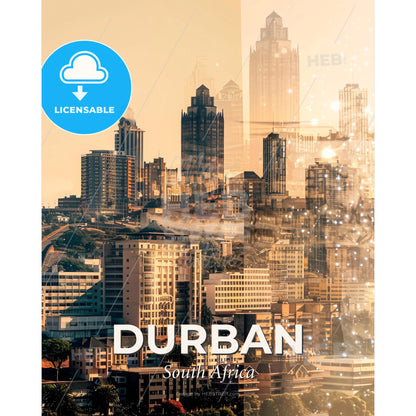 Durban Skyline Double Exposure Cityscape Art - A city with many tall buildings - Square format print template