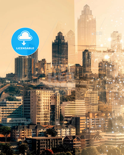 Durban Skyline Double Exposure Cityscape Art - A city with many tall buildings