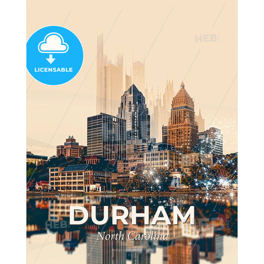 Durham Cityscape: Double Exposure Skyline with Local Icons - A city skyline with many tall buildings and a body of water - Square format print template