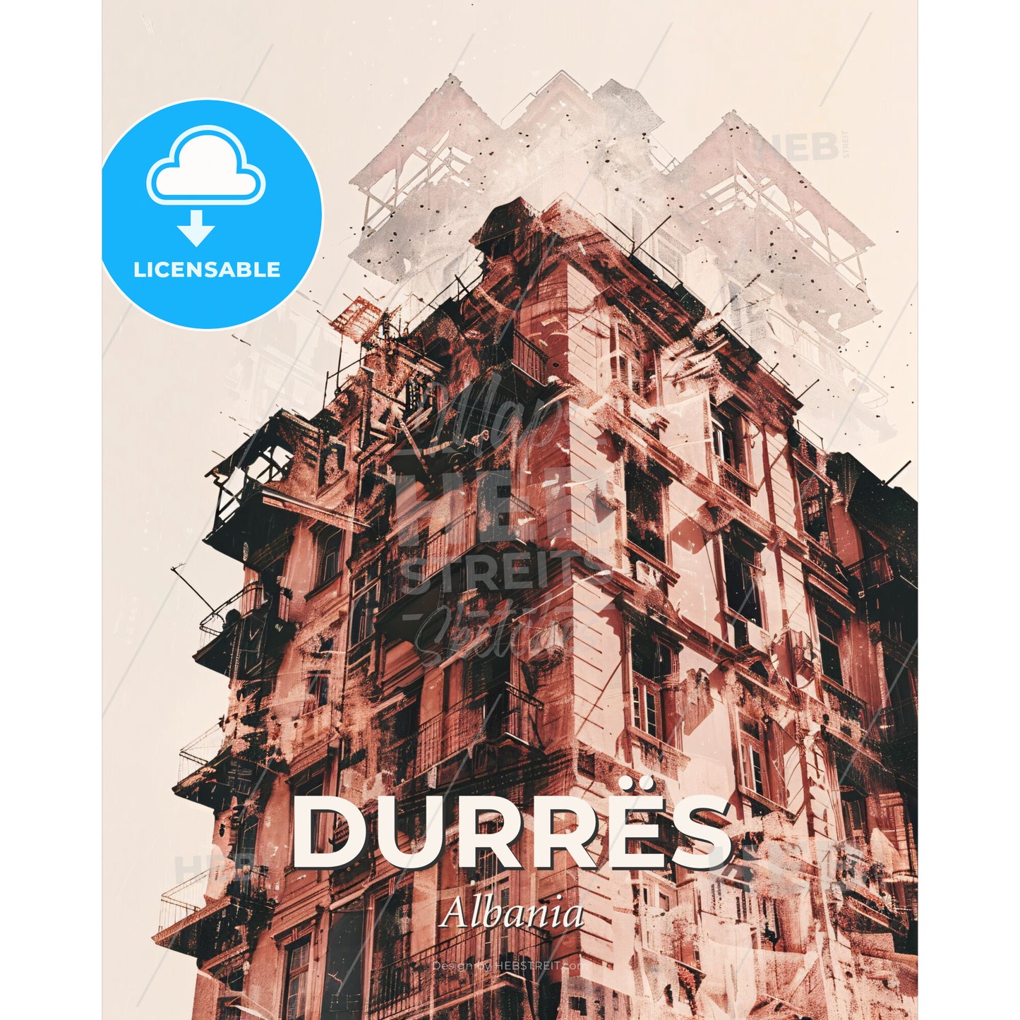 Durrës Skyline Composite: Beiges and Lights - A building with many balconies - Square format print template