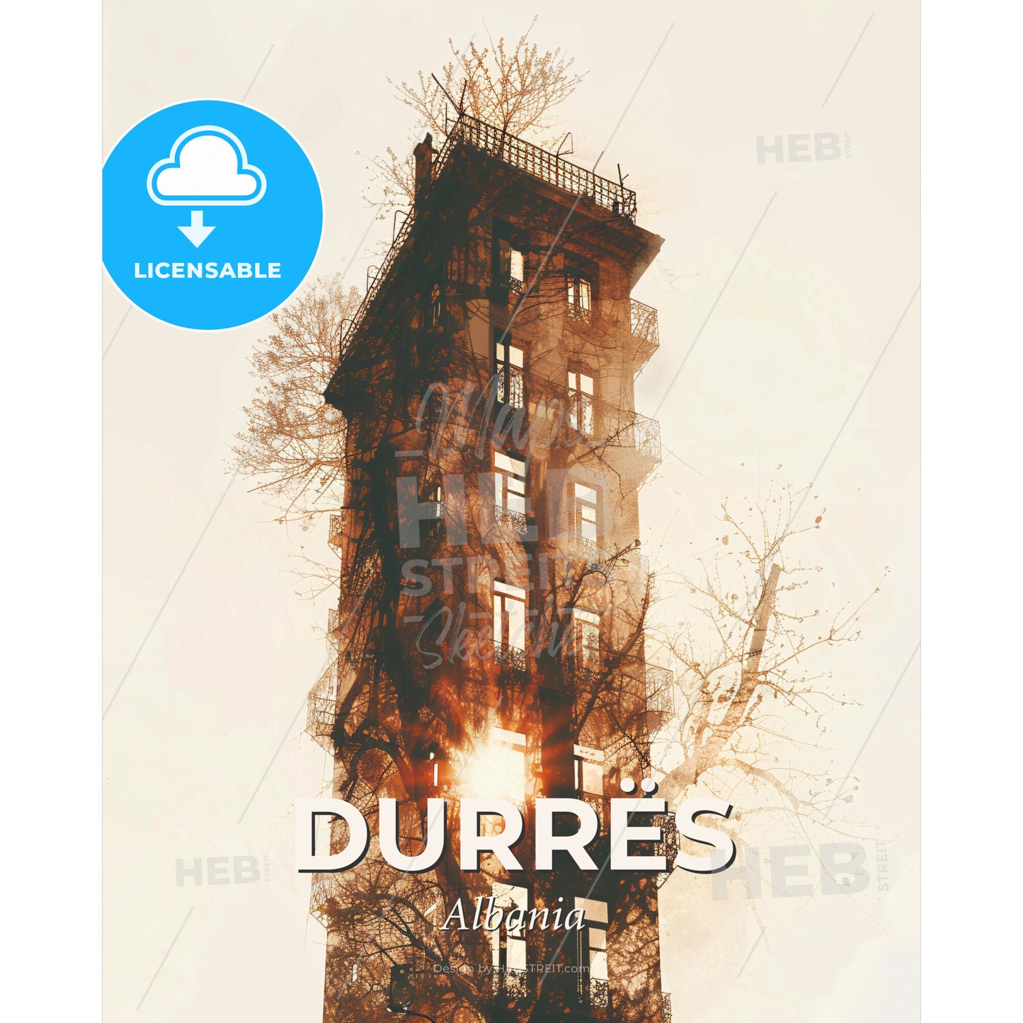 Durres Skyline Silhouette Bright Beige Poster Art - A building with trees in the background - Square format print template