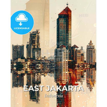 East Jakarta Skyline Double Exposure Art Poster - A city skyline with many tall buildings - Square format print template
