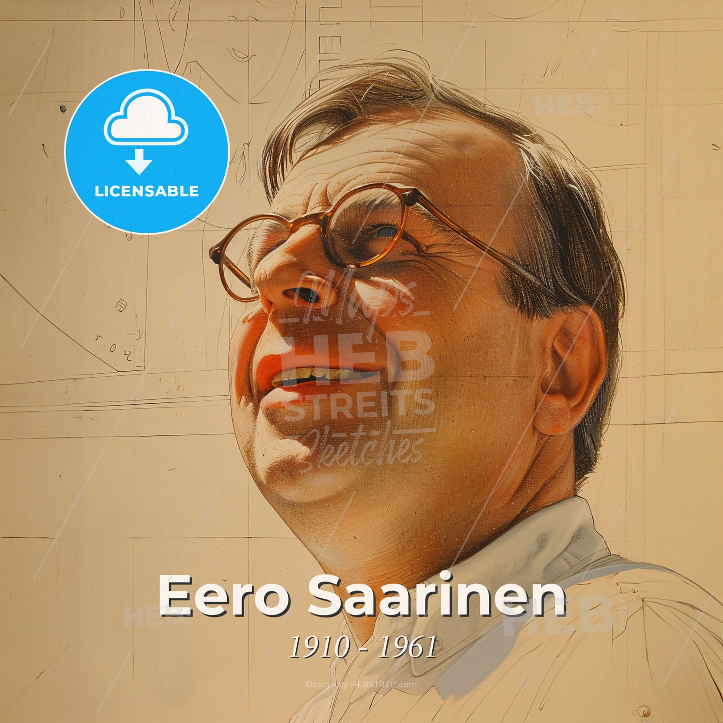 Eero Saarinen, 1910 - 1961, Finnish-American architect - A Man Wearing Glasses And Smiling Print Template