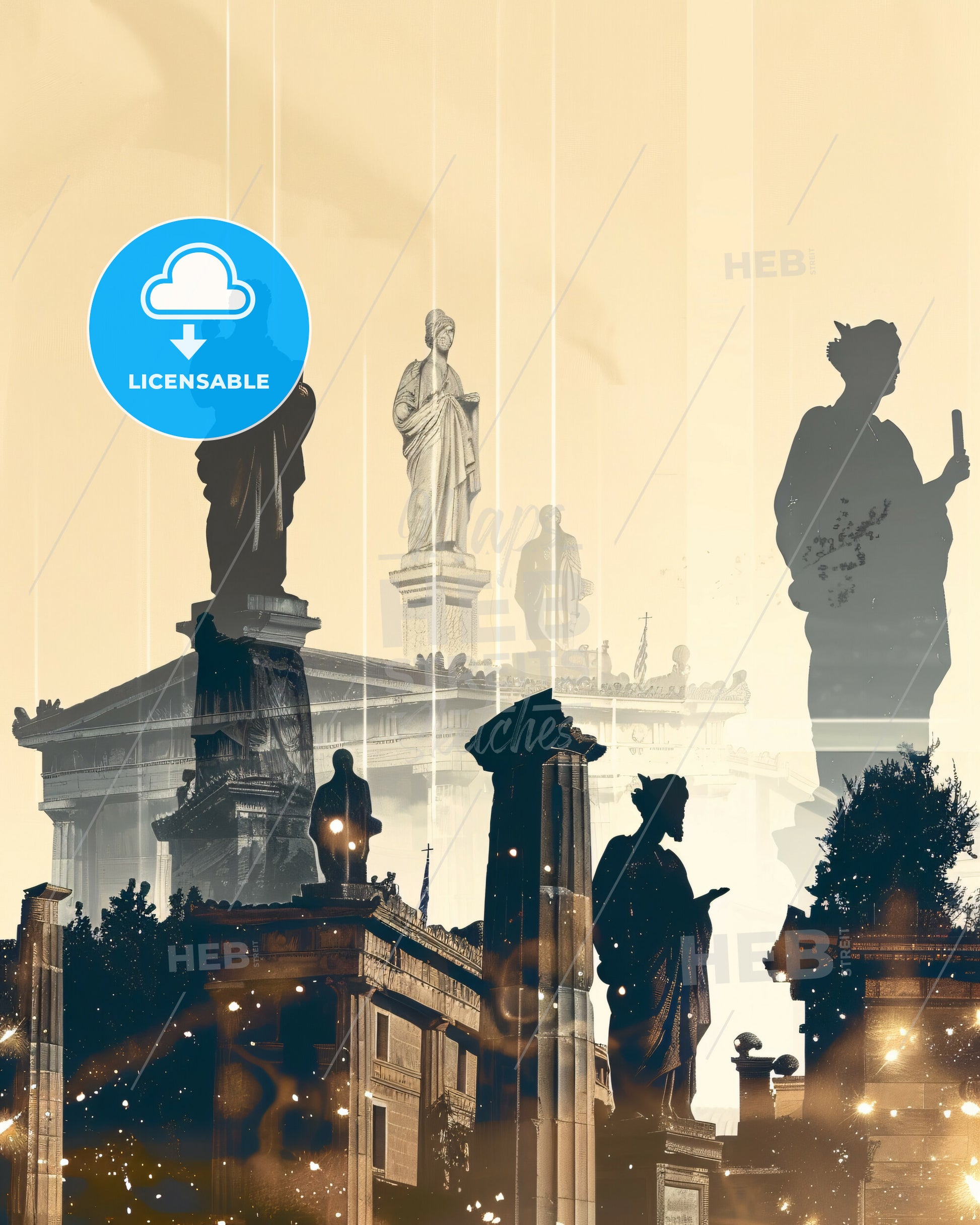 Egaleo Skyline Art: Silhouetted Cityscape - A group of statues on a building