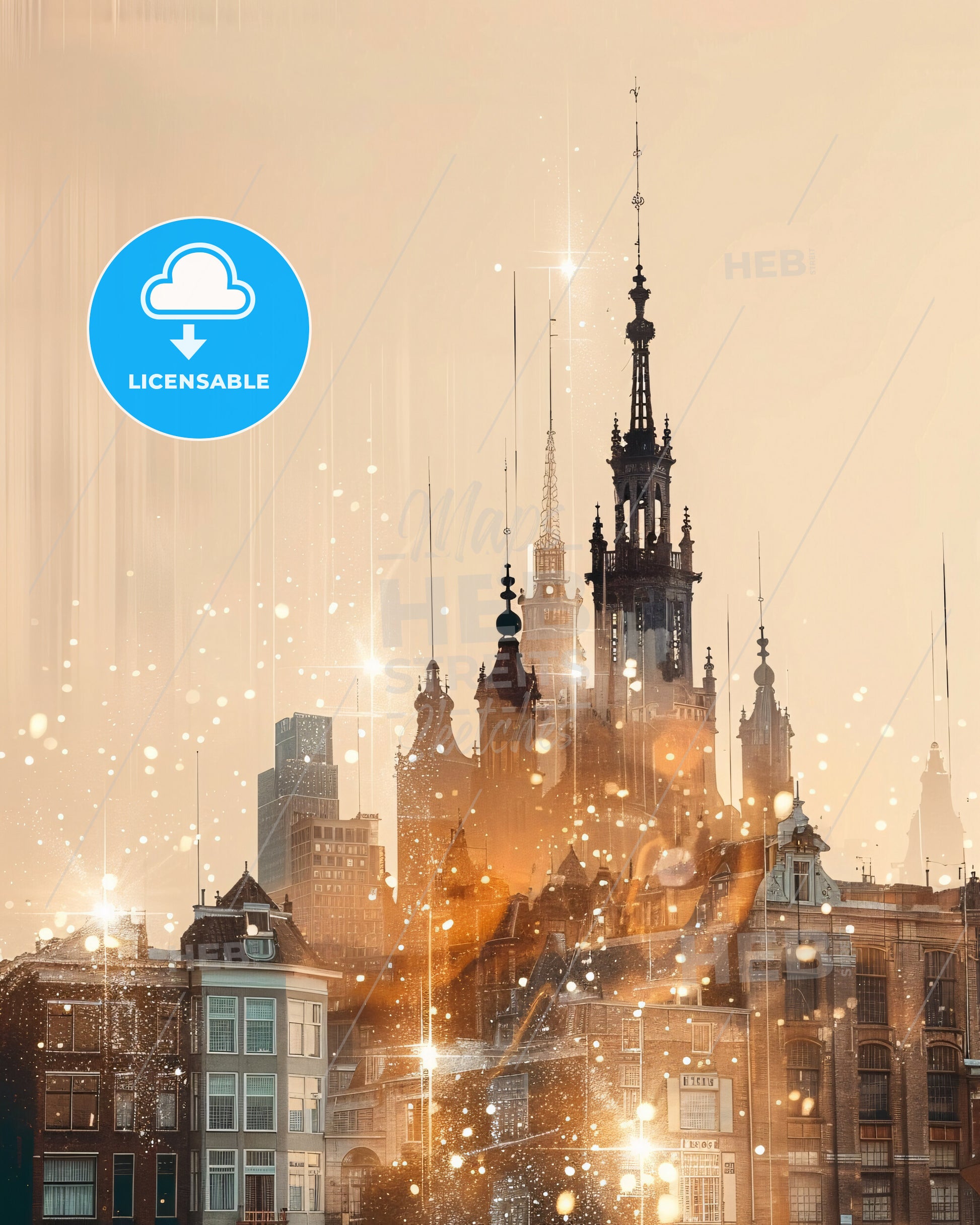 Dordrecht City Icons Double Exposure Skyline Art - A city with many buildings and a tower