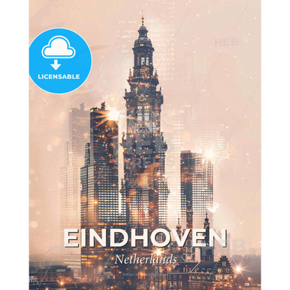 Eindhoven Skyline: Icons and Lights - A city skyline with many tall buildings - Square format print template