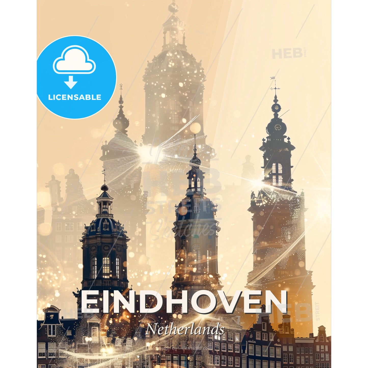 Eindhoven: City Skyline Art, Vibrant Beige - A building with many spires and lights - Square format print template